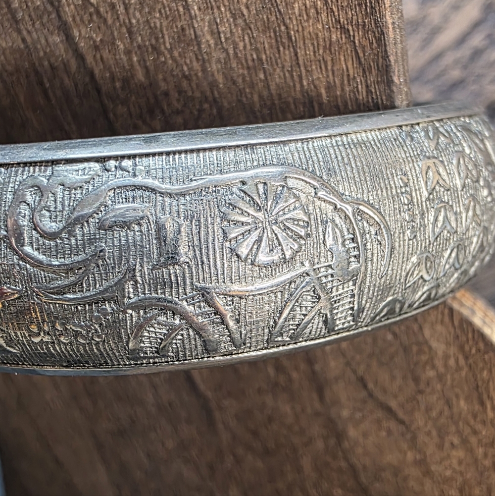 Etched Elephant Solid Bangle Bracelet | Silver To… - image 2
